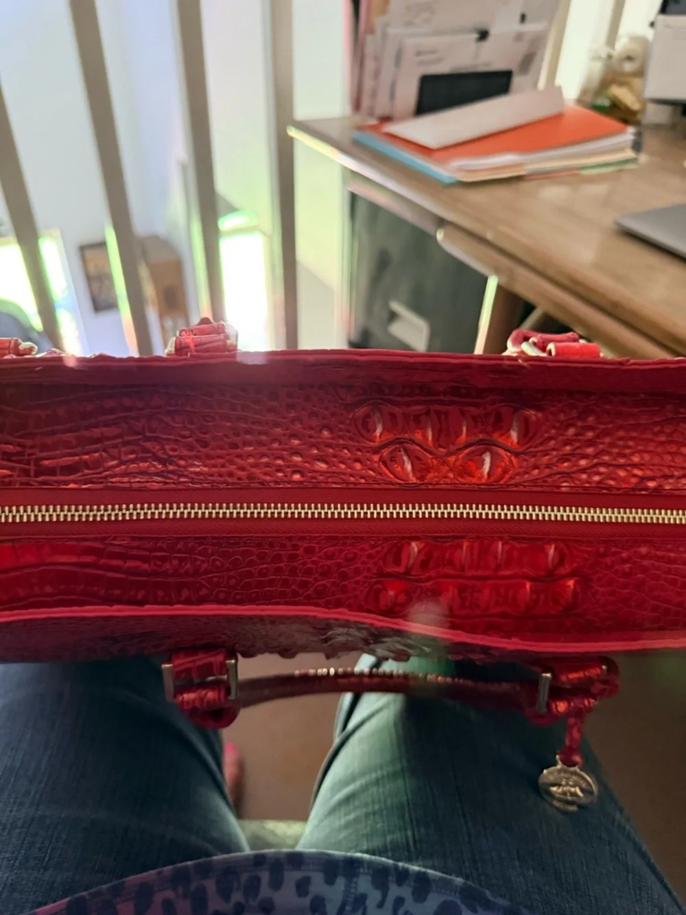 Brahmin Bright Red Croc-Embossed Tote with Gold Hardware